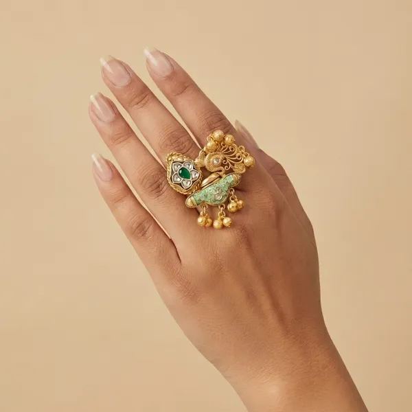Turquoise_And_Gold_Traditional_Toned_Peacock_Motif_Adjustable_Statement_Ring_With_Stones_For_Women
