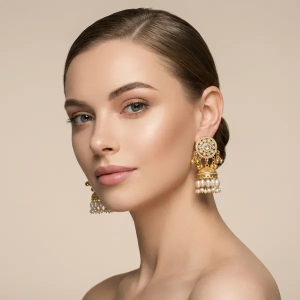 Gold_And_White_Elegant_Golden_Pearl_Jhumka_Earrings_With_Kundan_Work_For_Women