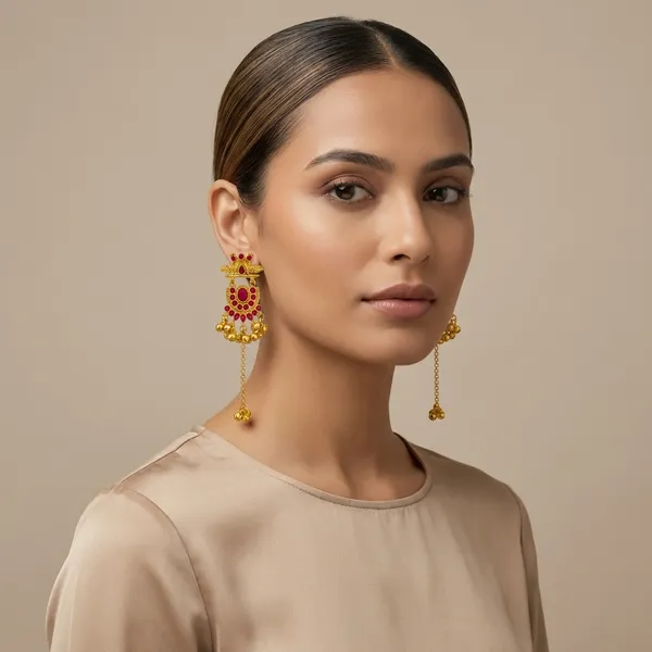 Red_And_Gold_Traditional_Toned_Temple_Earrings_With_Stone_Detailing_Chain_Drops_For_Women