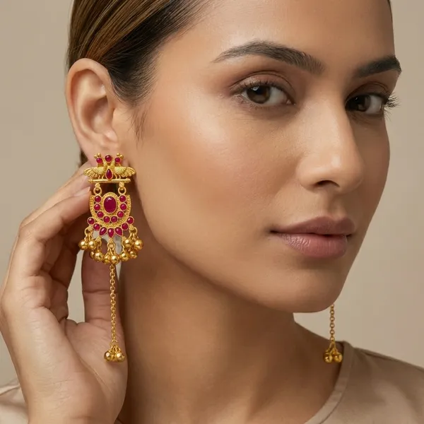 Red_And_Gold_Traditional_Toned_Temple_Earrings_With_Stone_Detailing_Chain_Drops_For_Women