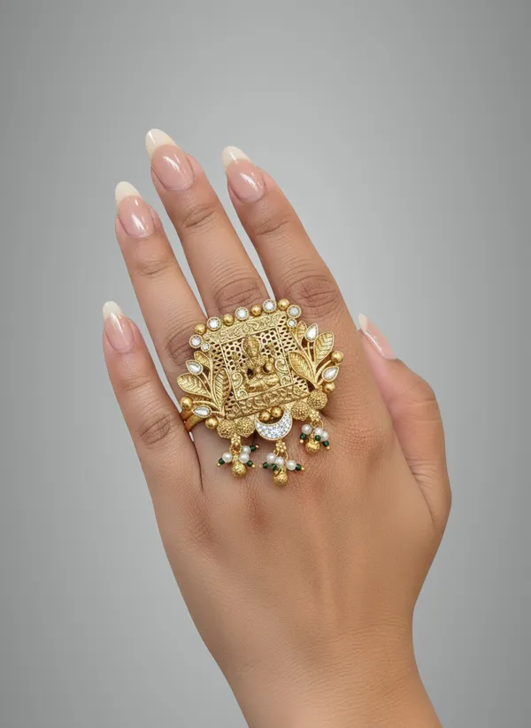 Gold_And_White_Traditional_Toned_Adjustable_Finger_Ring_With_Deity_Motif_Pearl_Danglers_For_Women