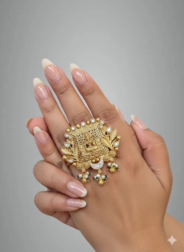 Gold_And_White_Traditional_Toned_Adjustable_Finger_Ring_With_Deity_Motif_Pearl_Danglers_For_Women