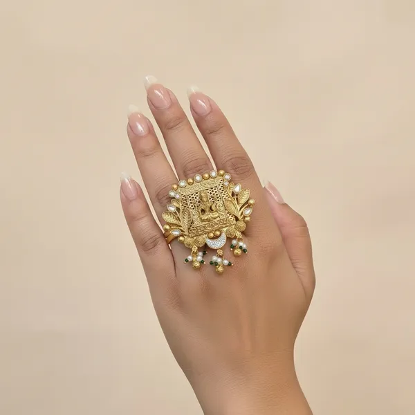 Gold_And_White_Traditional_Toned_Adjustable_Finger_Ring_With_Deity_Motif_Pearl_Danglers_For_Women
