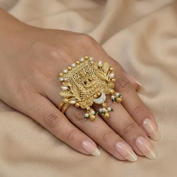 Gold_And_White_Traditional_Toned_Adjustable_Finger_Ring_With_Deity_Motif_Pearl_Danglers_For_Women