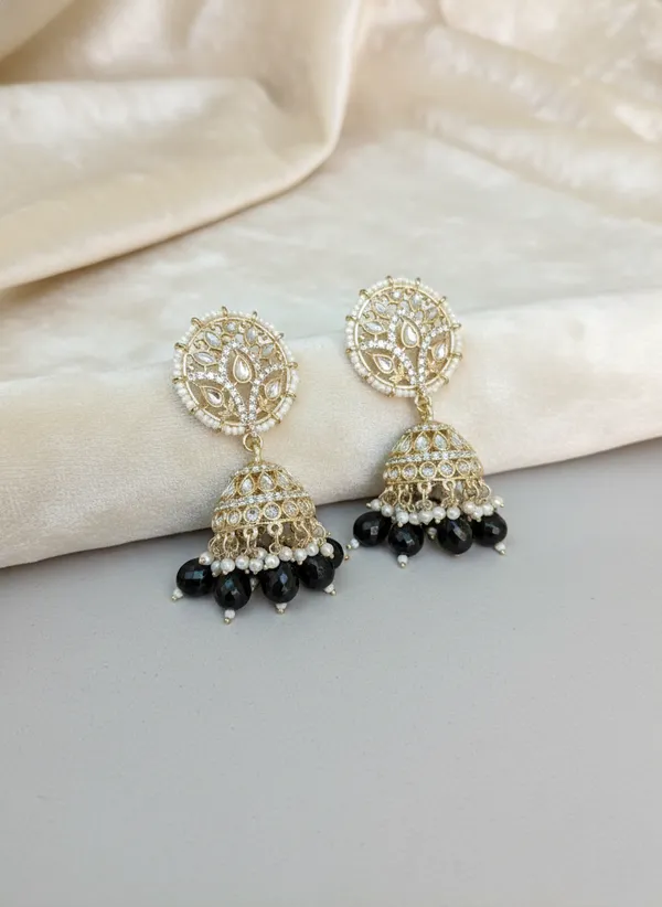 Gold_And_White_Toned_Ethnic_Jhumka_Earrings_With_Pearl_Beads_For_Women