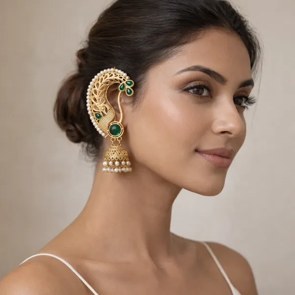 Green_And_Gold_Traditional_Toned_Peacock_Jhumka_Earrings_With_Stones_Pearl_Detailing_For_Women