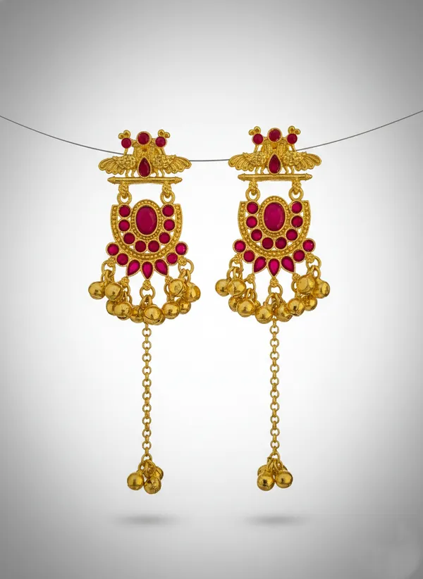 Red_And_Gold_Traditional_Toned_Temple_Earrings_With_Stone_Detailing_Chain_Drops_For_Women