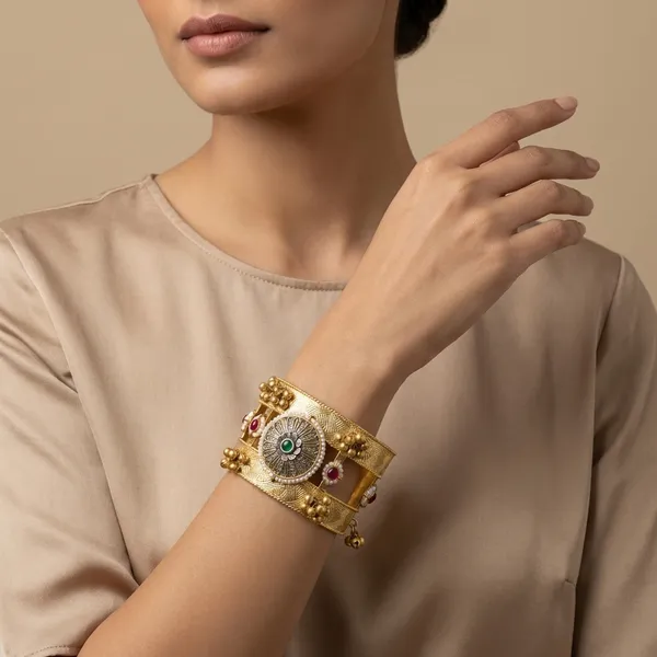 Gold_Traditional_Toned_Cuff_Bracelet_With_Gemstone_Embellishments_For_Women