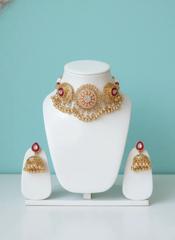 Red_And_Gold_Toned_Kundan_Choker_Necklace_Set_With_Jhumka_Earrings_Stone_Embellished_Bridal_Jewelry_For_Women