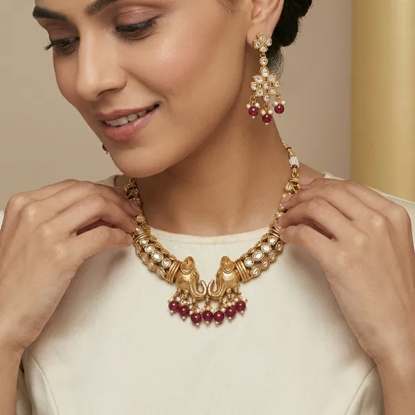 Maroon_And_Gold_Traditional_Toned_Peacock_Necklace_Set_With_Bead_Drops_Matching_Earrings_For_Women