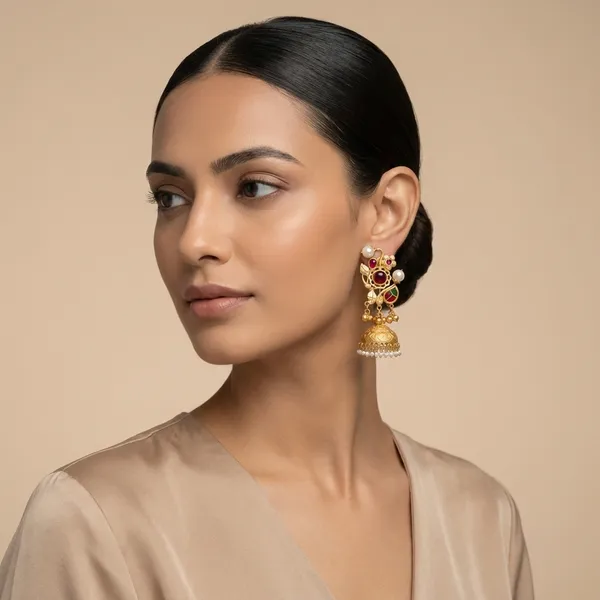 Ruby_And_Gold_Traditional_Plated_Temple_Jhumka_Earrings_With_Pearl_Embellishments_For_Women