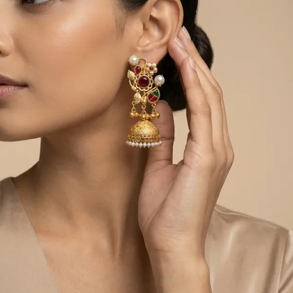 Ruby_And_Gold_Traditional_Plated_Temple_Jhumka_Earrings_With_Pearl_Embellishments_For_Women