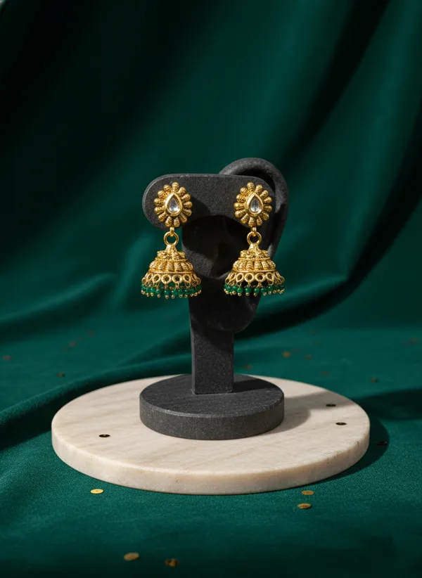 Green_And_Gold_Traditional_Toned_Kundan_Jhumka_Earrings_With_Beads_For_Women