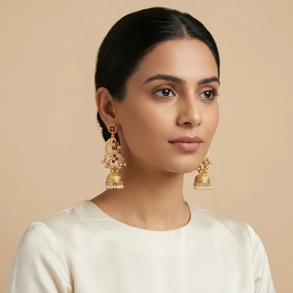 Ruby_And_Gold_Traditional_Plated_Peacock_Jhumka_Earrings_With_Pearl_Detailing_For_Women