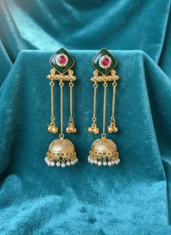 Green_And_Gold_Traditional_Enamel_Jhumka_Earrings_With_Pearl_Drops_Chain_Details_For_Women