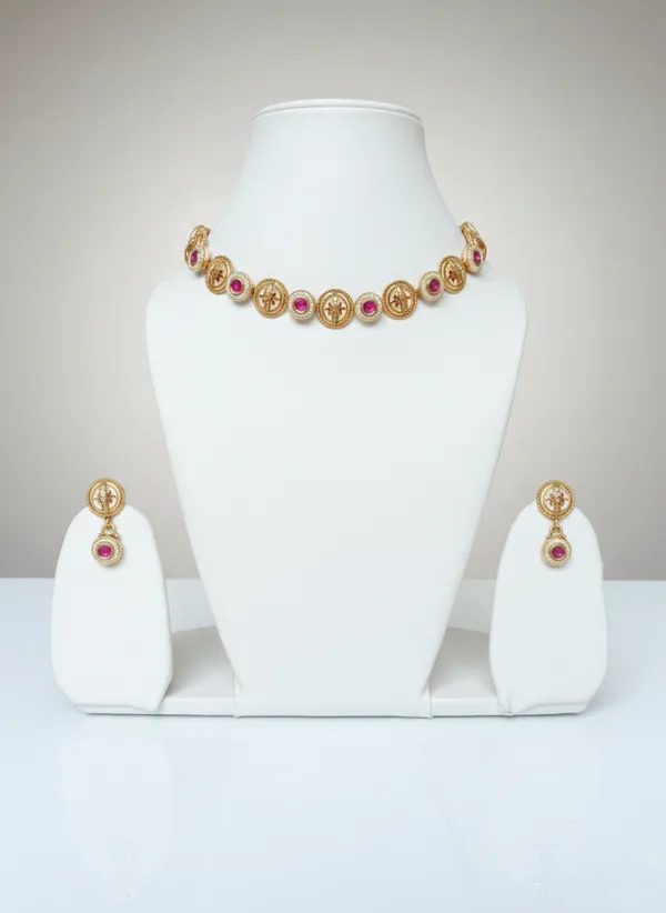Pink_And_Gold_Traditional_Toned_Choker_Necklace_Set_With_Pearl_Stone_Accents_For_Women