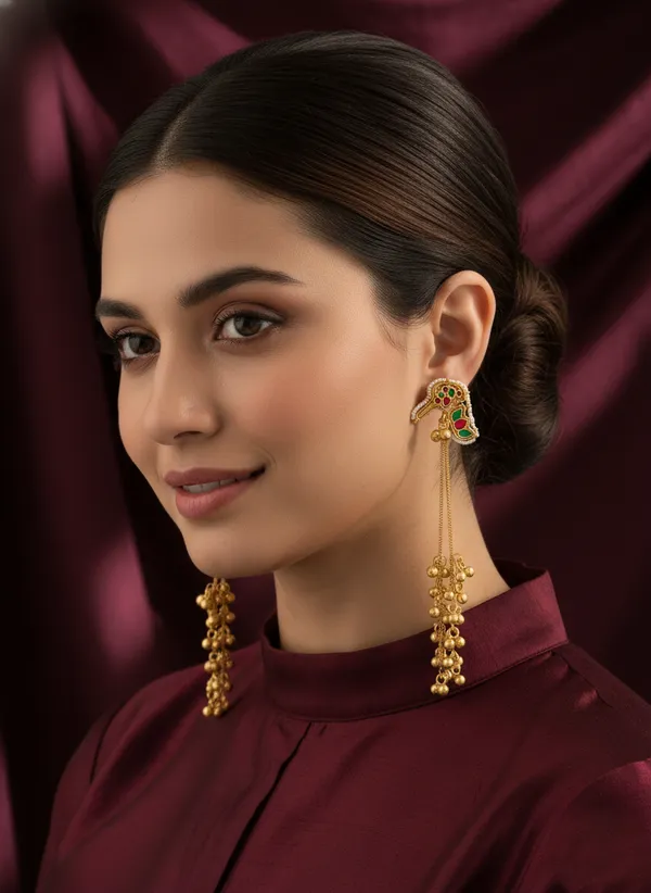 Red_And_Green_Gold_Traditional_Toned_Peacock_Design_Earrings_With_Stone_Embellishments_For_Women