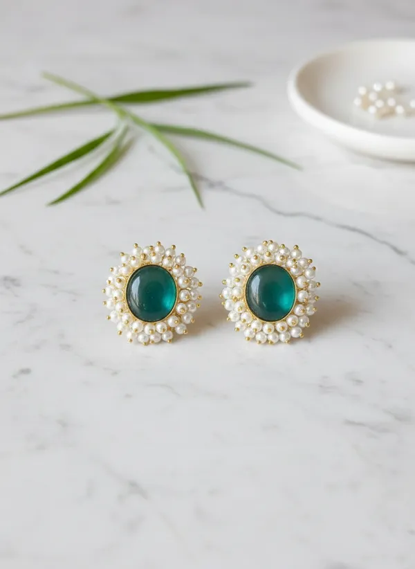 Green_And_White_Handcrafted_Pearl_Stone_Stud_Earrings_For_Women