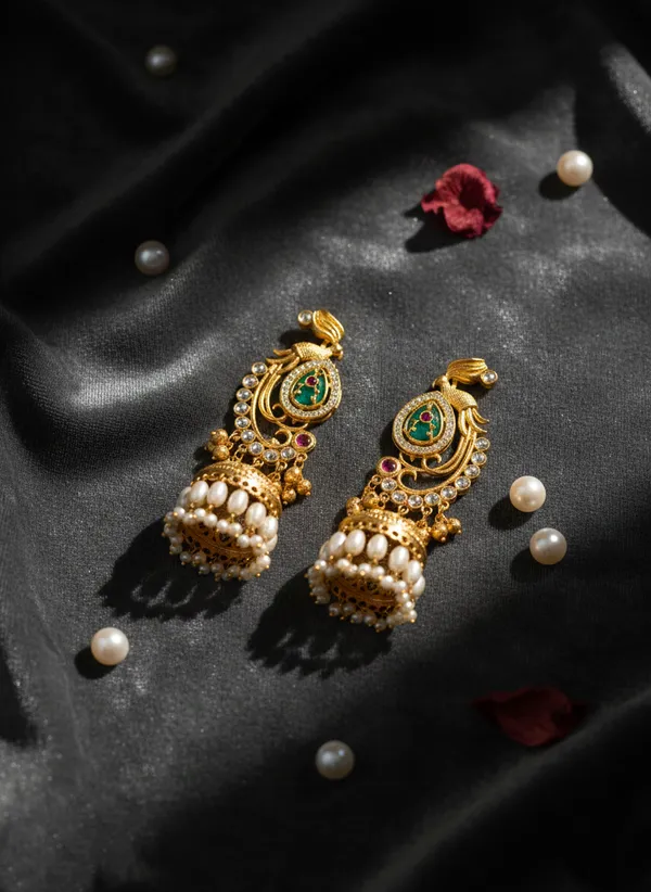 Gold_And_Multicolor_Traditional_Plated_Peacock_Jhumka_Earrings_With_Pearls_Gemstones_For_Women