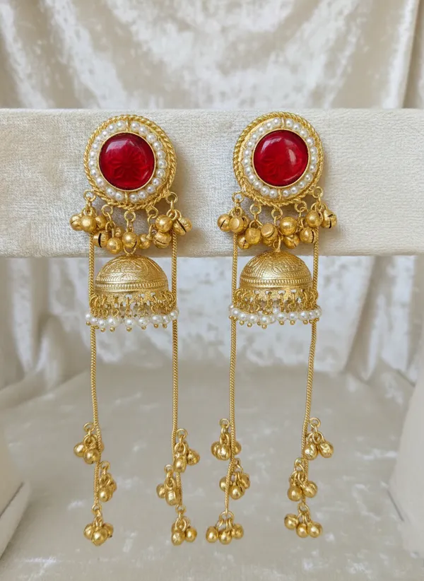 Red_And_Gold_Traditional_Toned_Stone_Jhumka_Earrings_With_Long_Chain_Danglers_For_Women