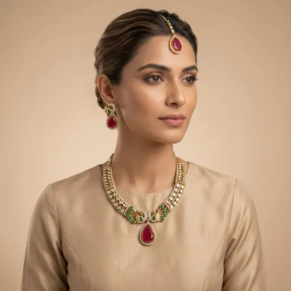 Ruby_And_Gold_Elegant_Kundan_Peacock_Necklace_Set_With_Drops_For_Women