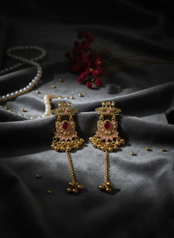 Pink_And_Gold_Traditional_Toned_Peacock_Motif_Chandbali_Earrings_With_Stones_Chain_Drops_For_Women