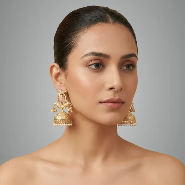Pink_And_Gold_Traditional_Tone_Jhumka_Earrings_With_Stone_Pearl_Danglers_For_Women