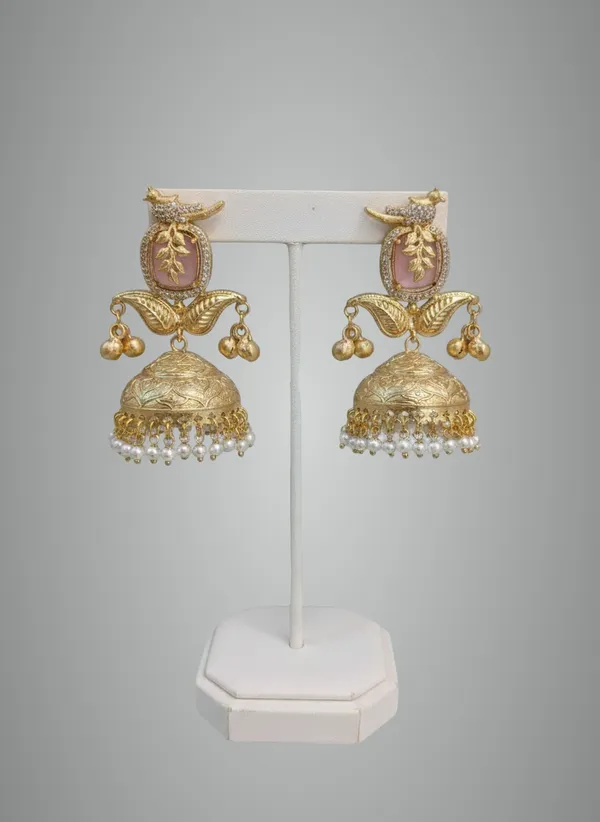 Pink_And_Gold_Traditional_Tone_Jhumka_Earrings_With_Stone_Pearl_Danglers_For_Women