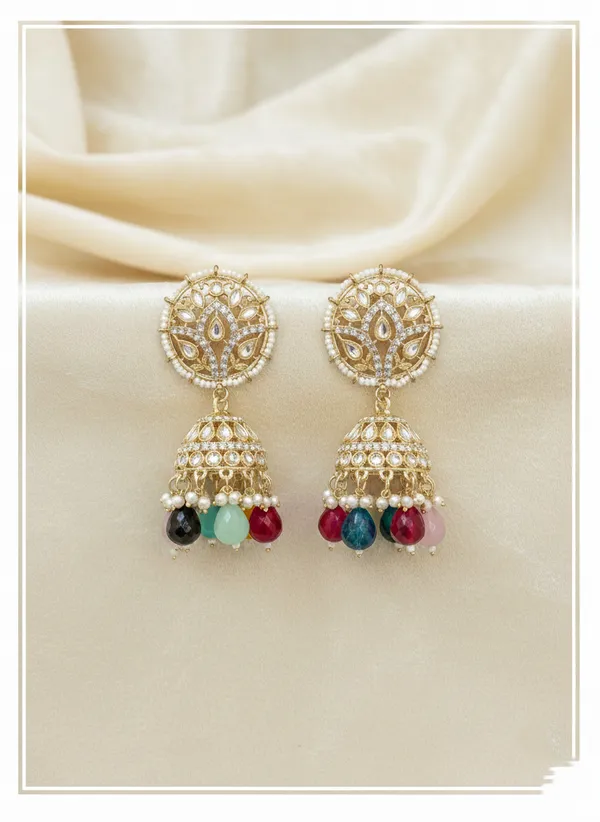 Multicolor_Traditional_Gold_Toned_Jhumka_Earrings_With_Stone_Drops_For_Women