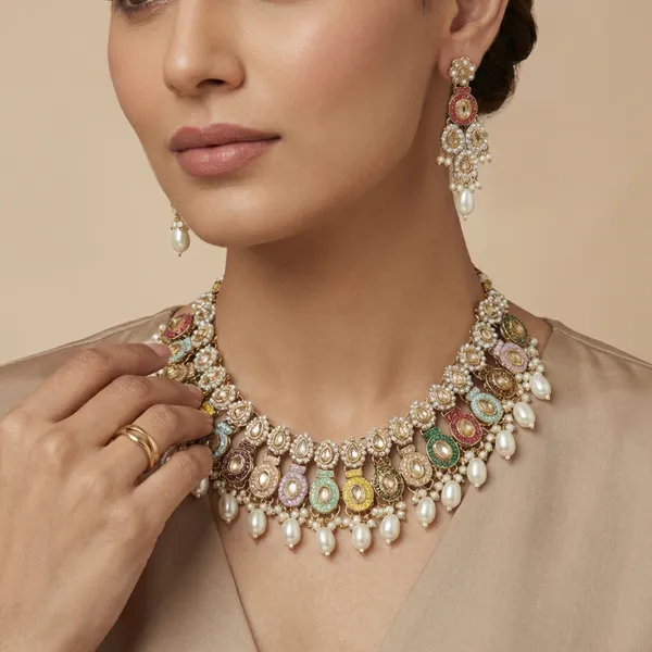 Multicolor_Traditional_Kundan_Pearl_Drop_Necklace_Set_With_Earrings_And_Maang_Tikka_For_Women