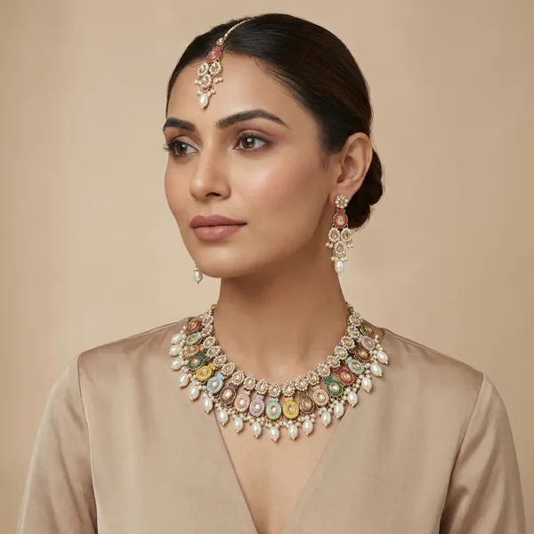 Multicolor_Traditional_Kundan_Pearl_Drop_Necklace_Set_With_Earrings_And_Maang_Tikka_For_Women