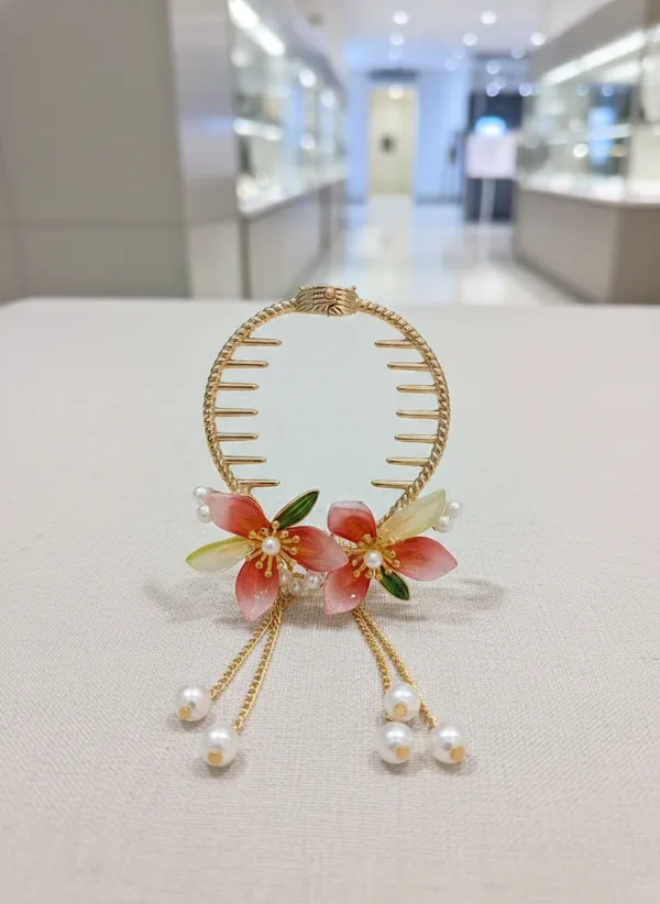 Gold_And_White_Toned_Floral_Hair_Accessory_With_Pearl_Danglers_For_Women