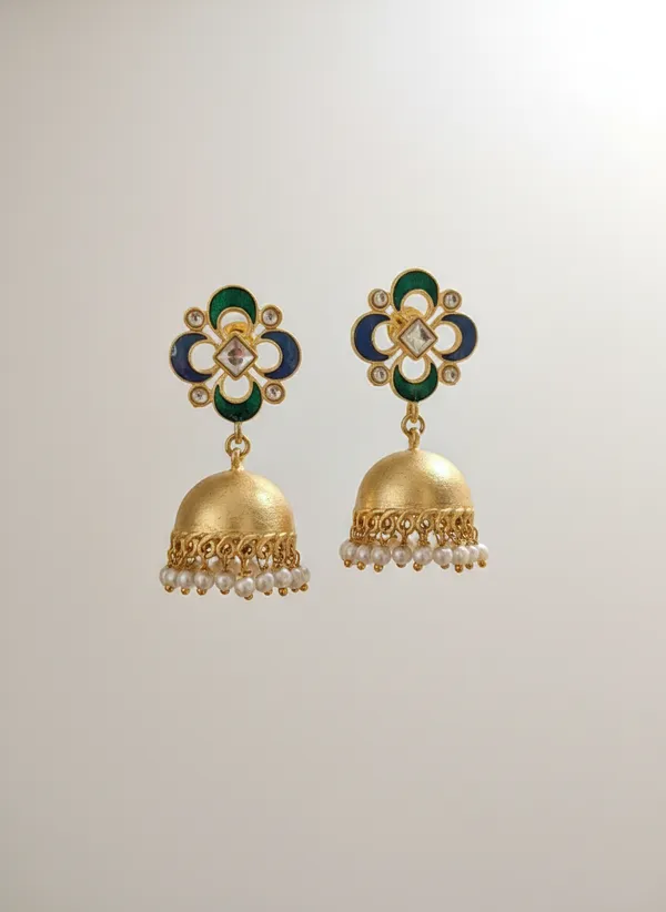 Green_And_Blue_Gold_Traditional_Plated_Jhumka_Earrings_With_Enamel_Pearl_Drops_For_Women