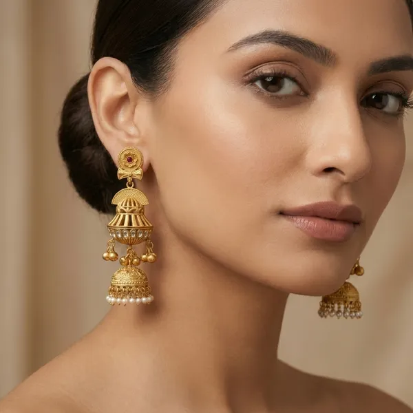 Gold_And_White_Traditional_Toned_Jhumka_Earrings_With_Pearl_Drops_For_Women