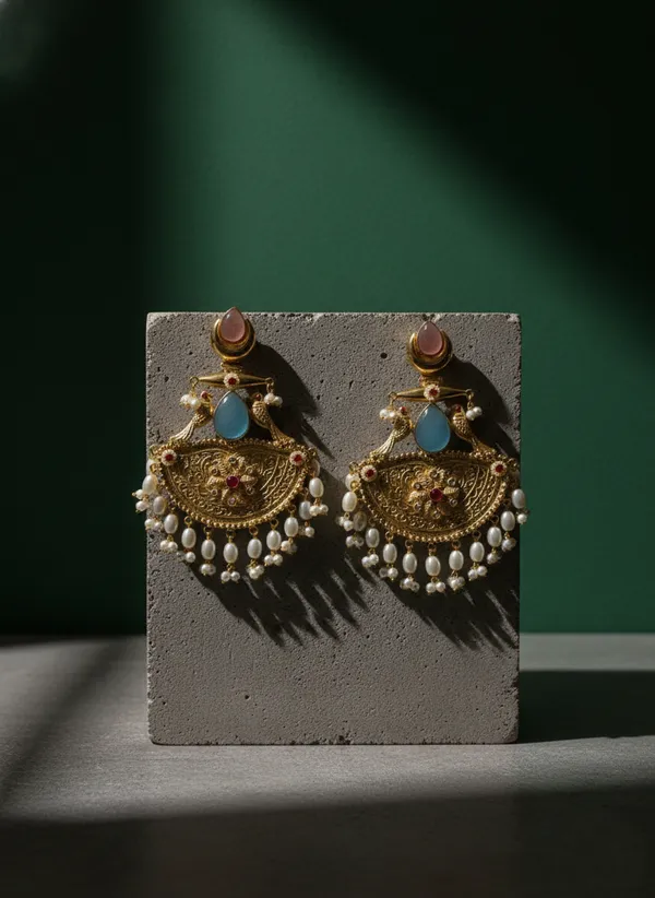 Turquoise_And_Gold_Traditional_Toned_Chandbali_Earrings_With_Stone_Pearl_Detailing_For_Women