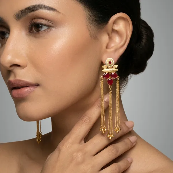 Red_And_Gold_Toned_Floral_Kundan_Tassel_Earrings_With_Stone_Chain_Danglers_For_Women