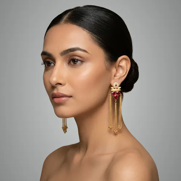 Red_And_Gold_Toned_Floral_Kundan_Tassel_Earrings_With_Stone_Chain_Danglers_For_Women