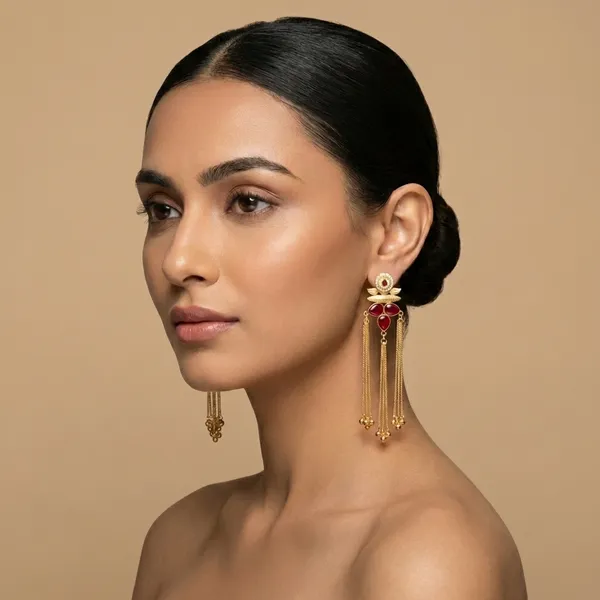 Red_And_Gold_Toned_Floral_Kundan_Tassel_Earrings_With_Stone_Chain_Danglers_For_Women