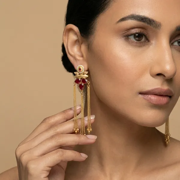Red_And_Gold_Toned_Floral_Kundan_Tassel_Earrings_With_Stone_Chain_Danglers_For_Women
