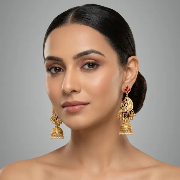 Ruby_And_Blue_Gold_Traditional_Plated_Jhumka_Earrings_With_Stone_Embellishments_For_Women