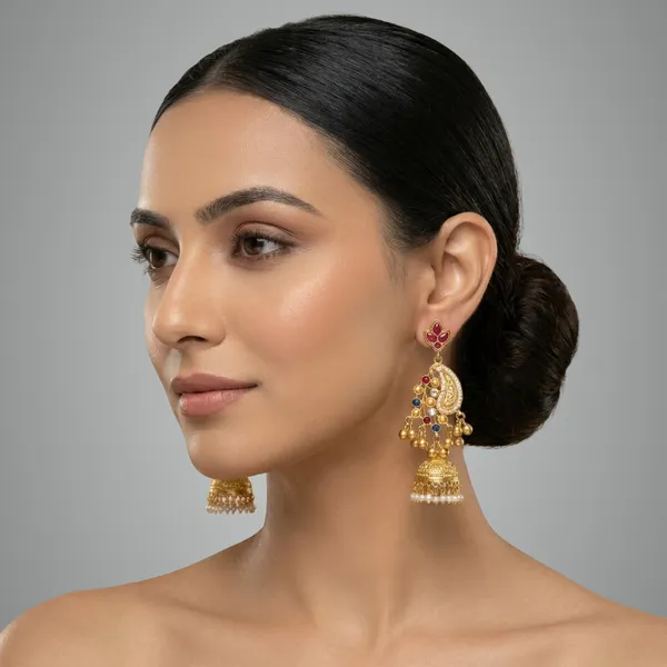 Ruby_And_Blue_Gold_Traditional_Plated_Jhumka_Earrings_With_Stone_Embellishments_For_Women