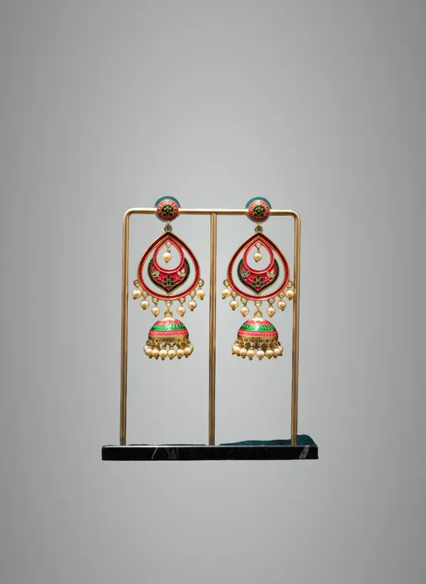 Red_And_Green_Gold_Traditional_Meenakari_Jhumka_Earrings_With_Pearl_Drops_Enamel_Peacock_Design_For_Women