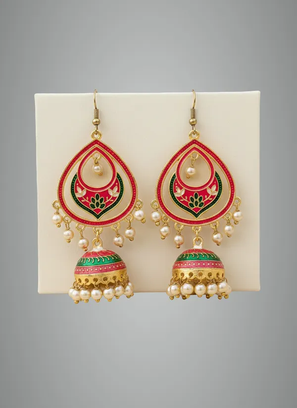 Red_And_Green_Gold_Traditional_Meenakari_Jhumka_Earrings_With_Pearl_Drops_Enamel_Peacock_Design_For_Women