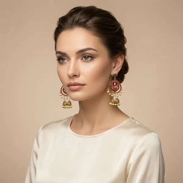 Red_And_Green_Gold_Traditional_Meenakari_Jhumka_Earrings_With_Pearl_Drops_Enamel_Peacock_Design_For_Women