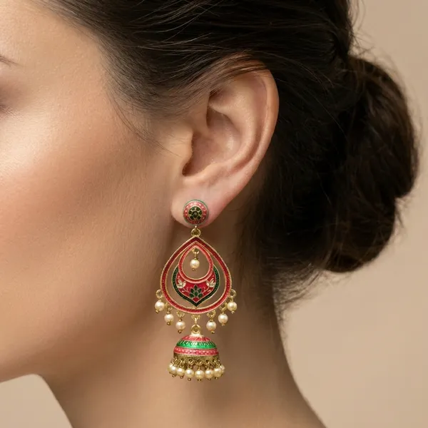 Red_And_Green_Gold_Traditional_Meenakari_Jhumka_Earrings_With_Pearl_Drops_Enamel_Peacock_Design_For_Women