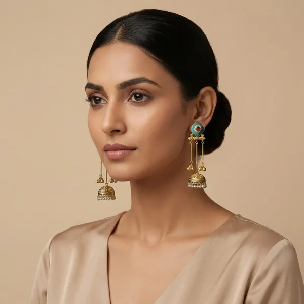 Turquoise_And_Ruby_Traditional_Gold_Plated_Jhumka_Earrings_With_Chain_Danglers_For_Women