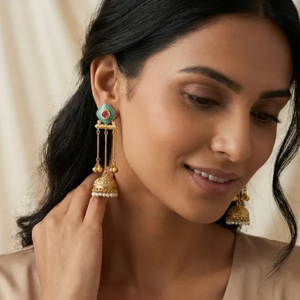 Turquoise_And_Ruby_Traditional_Gold_Plated_Jhumka_Earrings_With_Chain_Danglers_For_Women