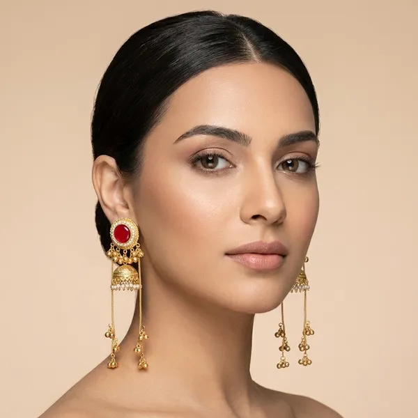 Red_And_Gold_Traditional_Toned_Stone_Jhumka_Earrings_With_Long_Chain_Danglers_For_Women