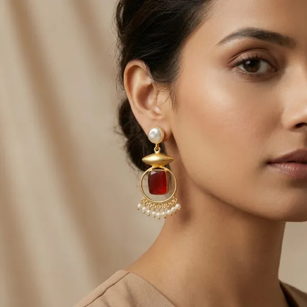 Red_And_Gold_Elegant_Toned_Earrings_With_Stone_Pearl_Accents_For_Women