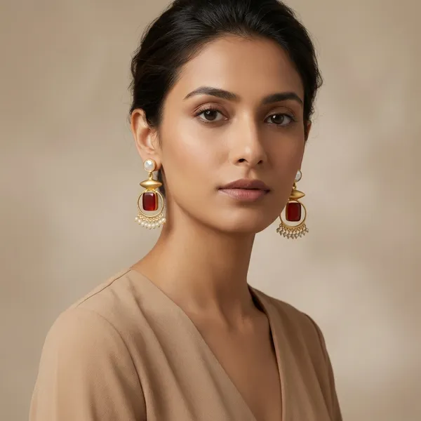 Red_And_Gold_Elegant_Toned_Earrings_With_Stone_Pearl_Accents_For_Women